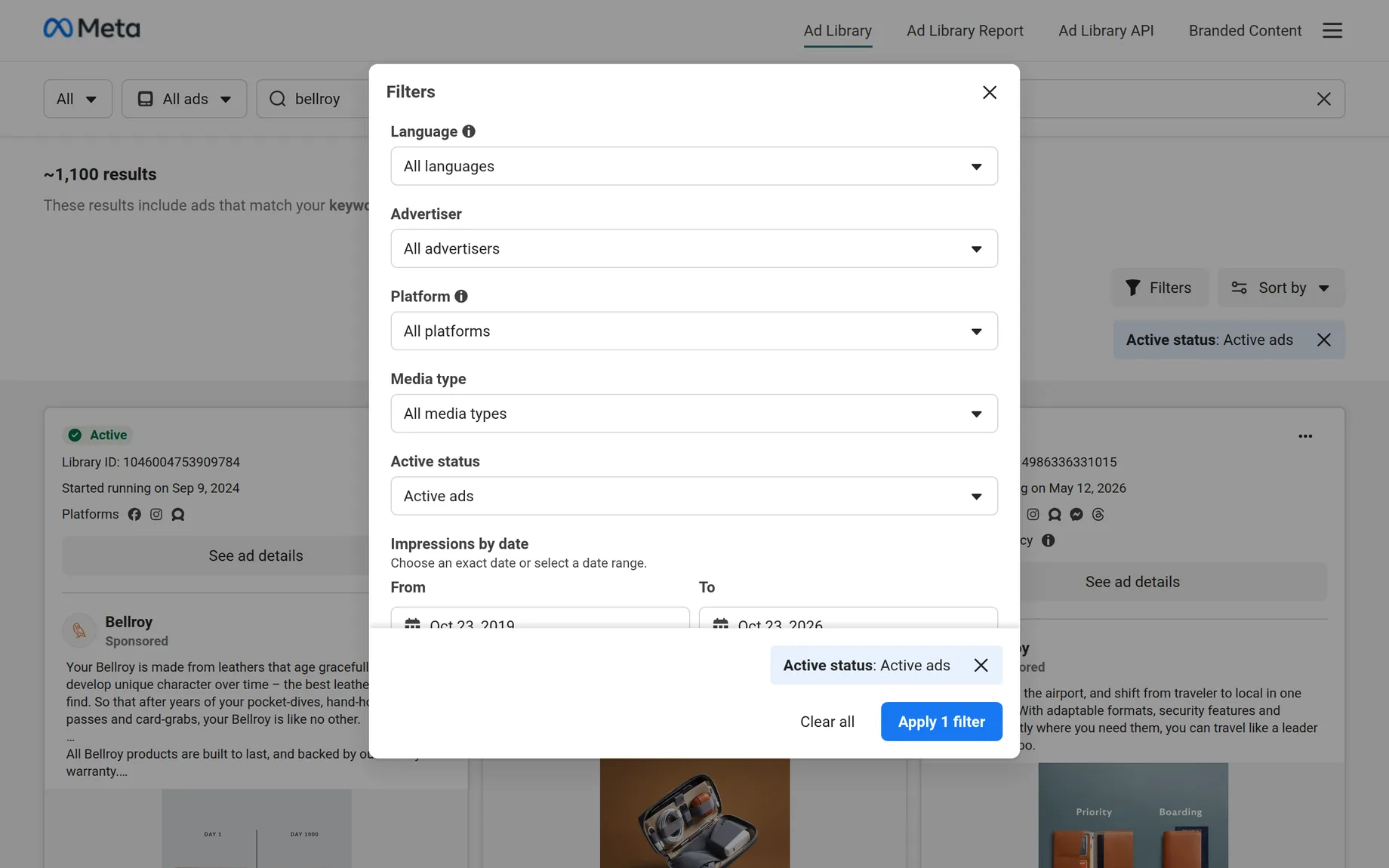 The Ad Library's filters: language, advertiser, platform, media type, active status and impressions by date