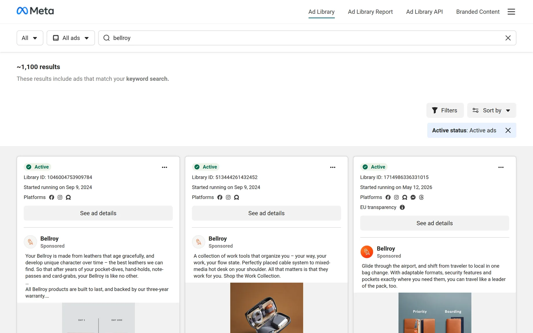 A search for Bellroy in the Meta Ad Library, showing three of its ads with their status, start date and platforms