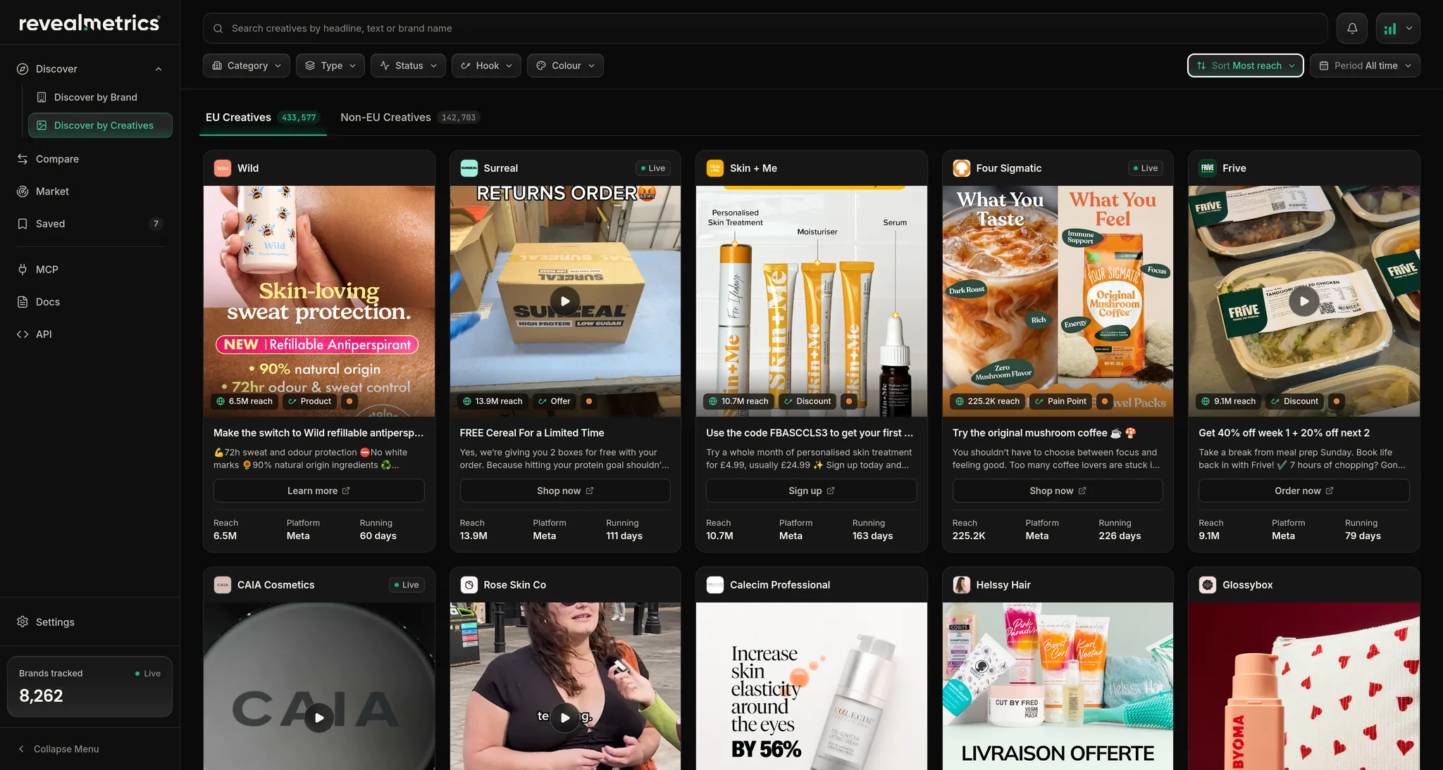 The Reveal Metrics creatives gallery, with ads from several brands sorted by reach